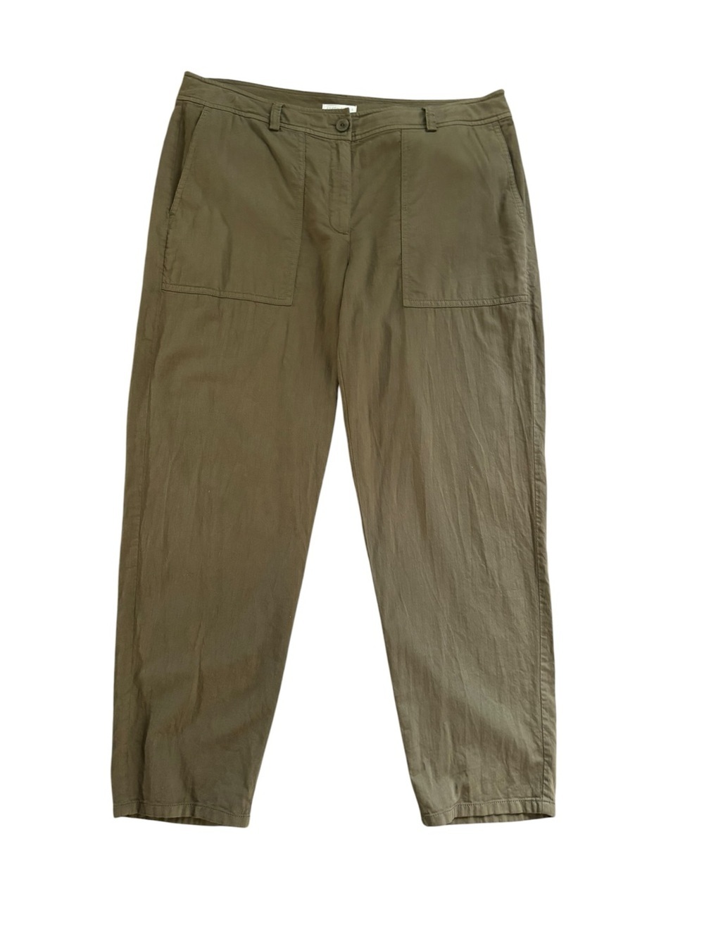 Eileen Fisher Ankle Pant Sz 12 Olive Green Organic Cotton Relaxed Fit Pockets
